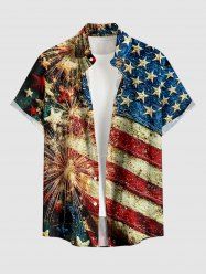 Plus Size Patriotic American Flag Fireworks Print Buttons Pocket Shirt For Men -  