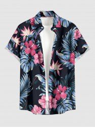 Hibiscus Flowers Tropical Leaf Print Buttons Pocket Hawaii Shirt For Men - Noir L