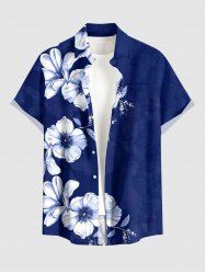 Chemise hawaïenne à imprimé floral et feuilles grande taille avec poche boutonnée pour homme - Bleu 2XL