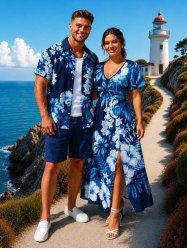 Hibiscus Flowers Leaf Print Matching Hawaii Beach Outfit For Couples -  