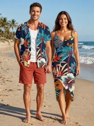 Coconut Tree Hibiscus Flower Leaf Print Matching Hawaii Beach Outfit For Couples -  