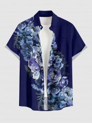 Plus Size Flower Leaf Print Hawaii Button Pocket Shirt For Men - Bleu profond 4XL