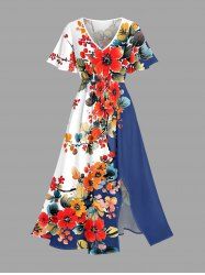 Flowers Branch Colorblock Print Split Hawaii Midi Dress -  