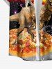 Plus Size Dinosaur Cat Pizza Rainbow Galaxy Print Buttons Pocket Hawaii Shirt For Men -  
