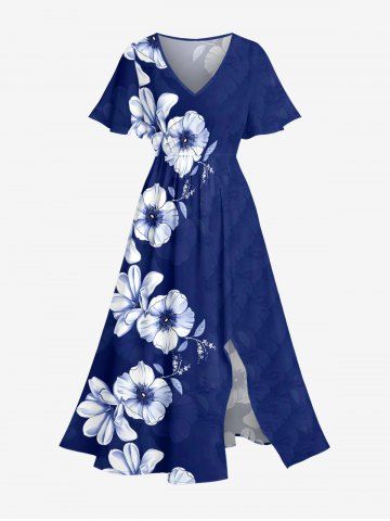 Robe midi trapèze à imprimé floral et feuilles, style hawaïen, grande taille, avec poches fendues