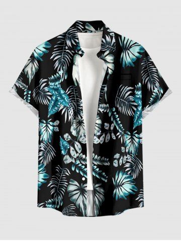 Plus Size Tropical Leaf Print Buttons Pocket Hawaii Shirt For Men - BLACK - M