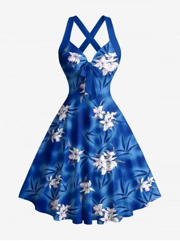 Flowers Leaf Tie Dye Print Crisscross Straps Bowknot Hawaii Tank Dress - BLUE - XXXL