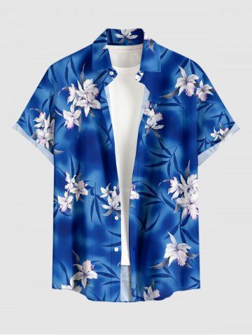 Plus Size Flowers Leaf Tie Dye Print Buttons Pocket Hawaii Shirt For Men - BLUE - S