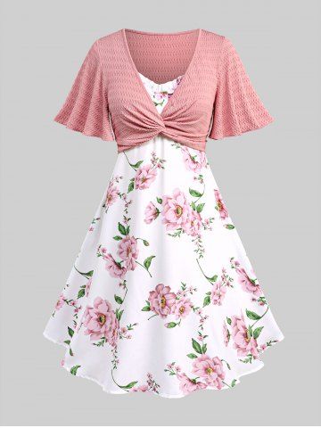 Plus Size Twisted Plunging Crop Top and 3D Flower Print Spaghetti Strap Cottagecore Dress - LIGHT PINK - 3X | US 22-24