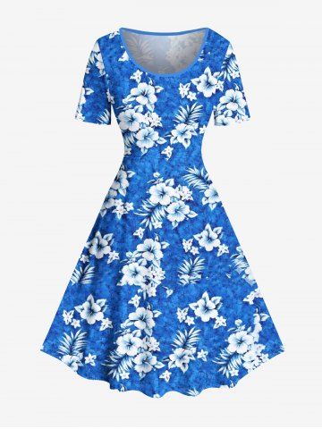 Plus Size Hibiscus Flower Leaf Print Hawaii Vintage Dress - BLUE - XS