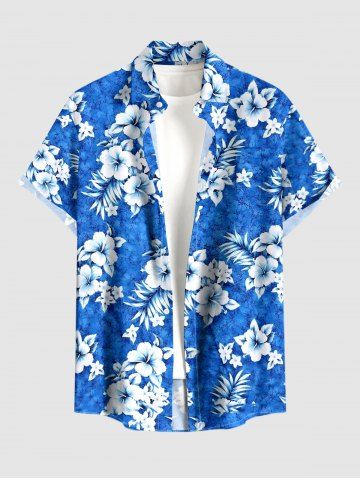 Plus Size Hibiscus Flower Leaf Print Buttons Pocket Hawaii Shirt For Men - BLUE - S