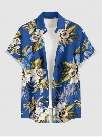 Plus Size Flowers Leaf Print Buttons Pocket Hawaii Shirt For Men - BLUE - S
