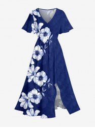 Flower Leaf Print Hawaii Split Pocket A Line Midi Dress -  