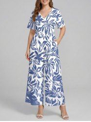 Flowers Leaf Print V Neck Hawaii Wide Leg Jumpsuit - Bleu Ciel L