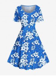 Hibiscus Flower Leaf Print Hawaii Vintage Dress -  