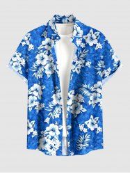 Hibiscus Flower Leaf Print Buttons Pocket Hawaii Shirt For Men - Bleu L