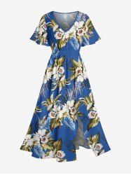 Flowers Leaf Print Split Hawaii Midi Dress - Bleu L