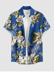 Flowers Leaf Print Buttons Pocket Hawaii Shirt For Men - Bleu L