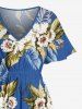 Flowers Leaf Print Split Hawaii Midi Dress - Bleu L
