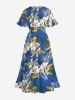 Flowers Leaf Print Split Hawaii Midi Dress - Bleu L
