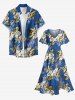 Flowers Leaf Print Split Hawaii Midi Dress - Bleu L