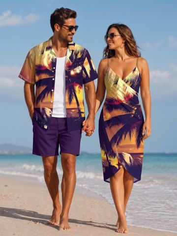 Coconut Tree Sun Seascape Print Plus Size Matching Hawaii Beach Outfit For Couples
