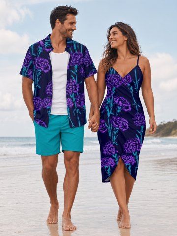 Flower Plant Print Plus Size Matching Hawaii Beach Outfit For Couples - PURPLE