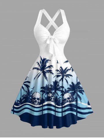 Coconut Tree Skull Ombre Print Crisscross Straps Bowknot Hawaii Tank Dress - NAVY BLUE - L