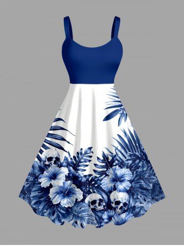 Plus Size Skull Hibiscus Flower Tropical Leaf Print Hawaii Tank Dress