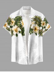 Hibiscus Flower Tropical Leaf Print Buttons Pocket Hawaii Shirt For Men -  4XL