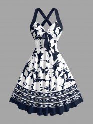 Hibiscus Flower Leaf Print Crisscross Straps Bowknot Hawaii Tank Dress -  