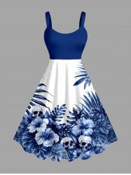 Skull Hibiscus Flower Tropical Leaf Print Hawaii Tank Dress - Bleu profond XS