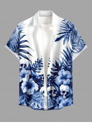 Skull Hibiscus Flower Tropical Leaf Print Buttons Pocket Hawaii Shirt For Men - Bleu profond 6XL