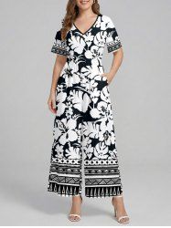 Hibiscus Flowers Tropical Leaf Print V Neck Hawaii Wide Leg Jumpsuit -  