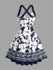 Hibiscus Flower Leaf Print Crisscross Straps Bowknot Hawaii Tank Dress -  