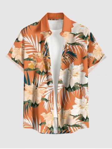 Plus Size Hibiscus Flower Tropical Leaf Print Buttons Pocket Hawaii Shirt For Men - ORANGE - 6XL