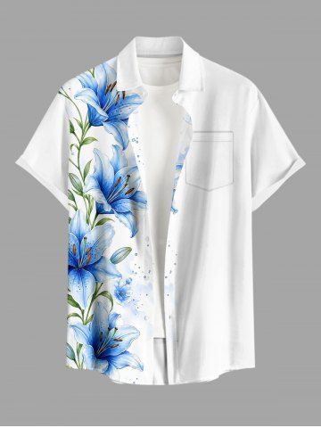 Chemise hawaïenne pour homme à imprimé fleurs de lys, feuilles et éclaboussures de peinture, avec boutons et poche - WHITE - M