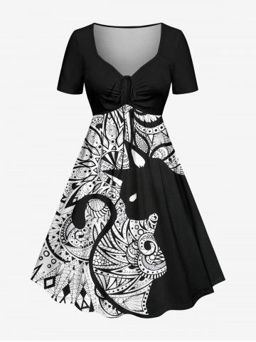 Robe trapèze cintrée à imprimé graphique ethnique et motif chat Hawaï - BLACK - 6X