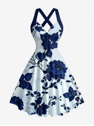 Flower Leaf Branch Print Hawaii Halter Crisscross Strappy A Line Dress -  