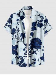 Flower Leaf Branch Print Hawaii Button Pocket Shirt For Men - Bleu profond 6XL
