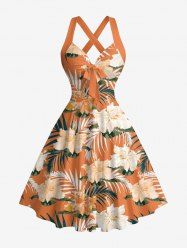 Hibiscus Flower Tropical Leaf Print Crisscross Straps Bowknot Hawaii Tank Dress - Orange L
