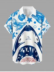 Shark Starfish Conch Print Buttons Pocket Hawaii Shirt For Men -  