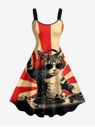 Cat Music Print Hawaii A Line Dress - Rouge M