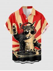 Cat Music Print Hawaii Button Pocket Shirt For Men -  