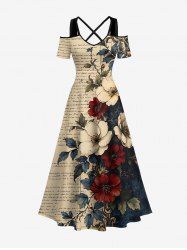 Flower Leaf Branch Newspaper Print Hawaii Cold Shoulder Crisscross A Line Maxi Dress -  
