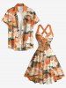 Hibiscus Flower Tropical Leaf Print Crisscross Straps Bowknot Hawaii Tank Dress - Orange L