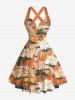 Hibiscus Flower Tropical Leaf Print Crisscross Straps Bowknot Hawaii Tank Dress - Orange L