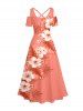 Tropical Leaf Hibiscus Flowers Print Cold Shoulder Crisscross Hawaii Maxi Dress - Rose orange 4X