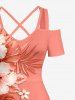 Tropical Leaf Hibiscus Flowers Print Cold Shoulder Crisscross Hawaii Maxi Dress - Rose orange 4X