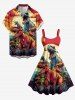 Dinosaur Moon Cloud Print Hawaii A Line Dress - Orange Foncé XS